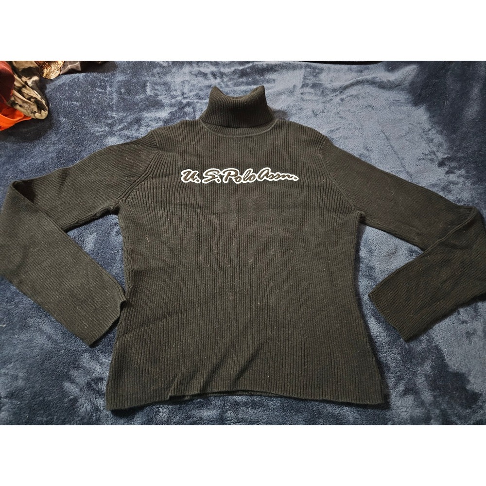 Vintage US Polo Assn Black Ribbed Turtleneck Sweater Script Logo Cotton Womens S
